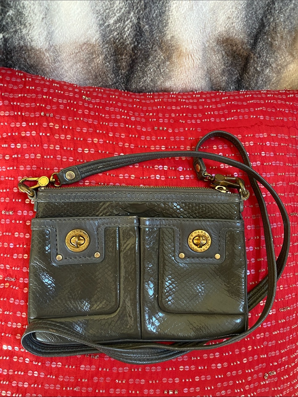 Marc Jacobs Dark Olive Green Gold Logo Hardware Long Strap Crossbody Bag